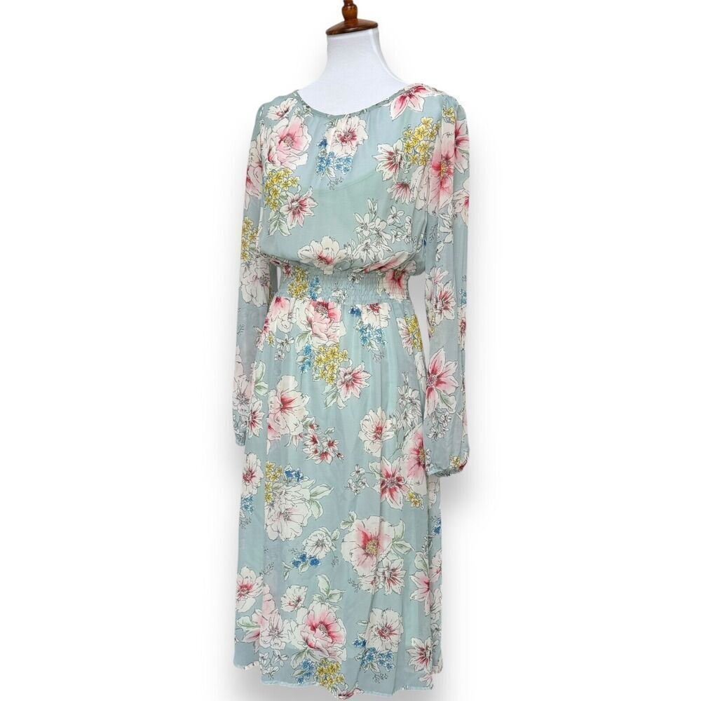 Louna Womens A Line Blouson Dress Blue Floral Long Sleeve Button Smocked Large - Picture 4 of 8